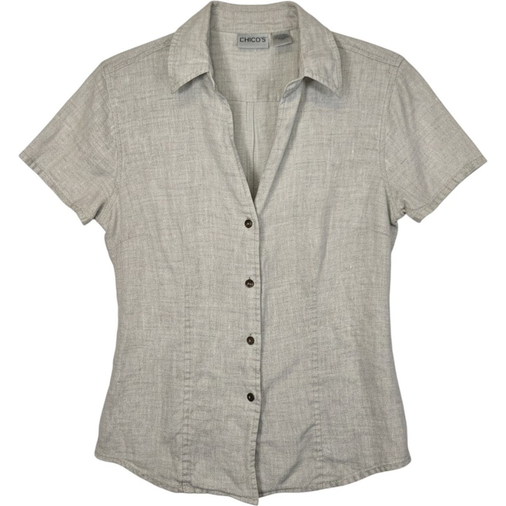 Chicos Womens 100% Linen Button Down Shirt Short Sleeve Beige Oatmeal Size 0 S